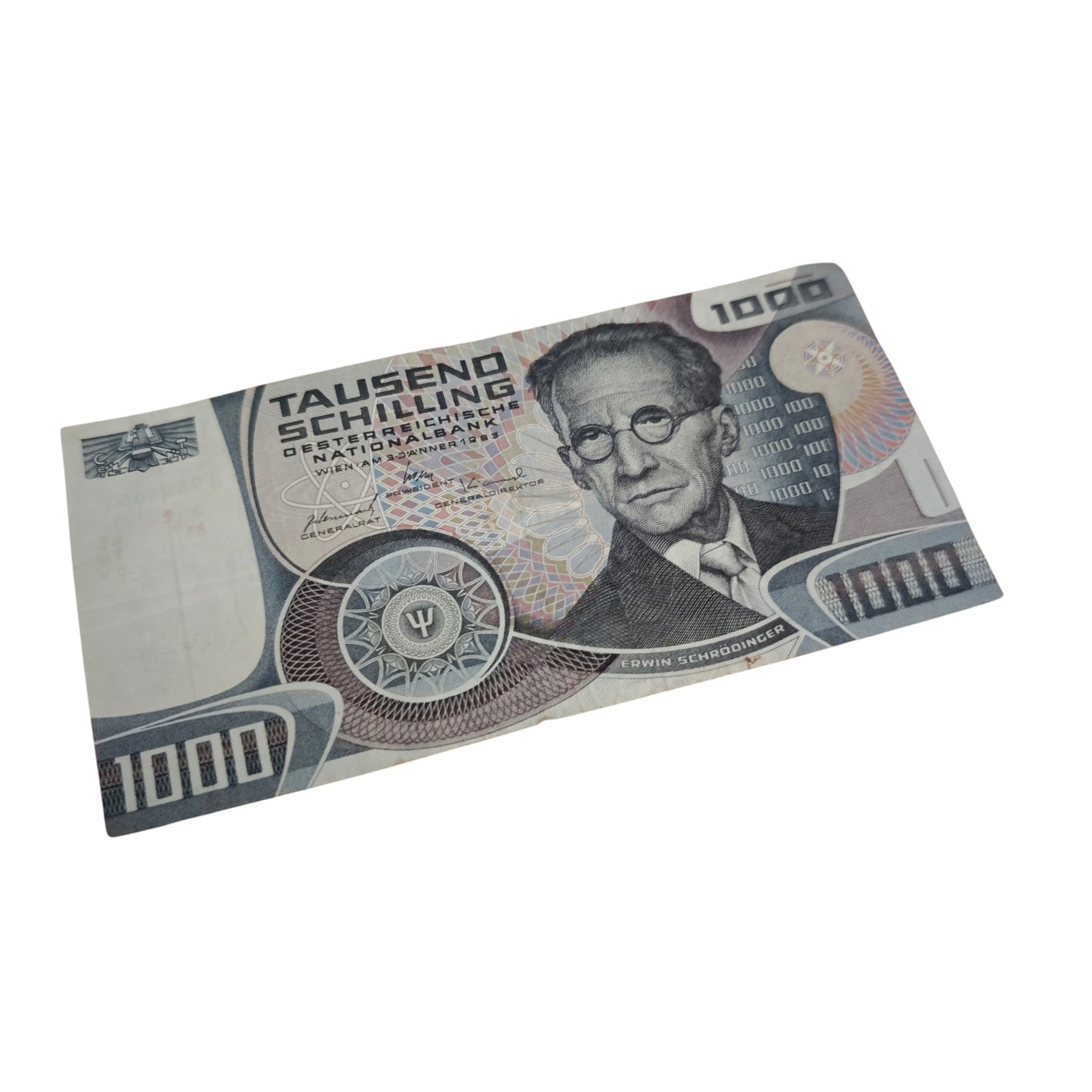 1000-Schilling-Schein H969865E Oesterreichischen Nationalbank aus dem Jahr 1983 mit dem Porträt des Physikers Erwin Schrödinger