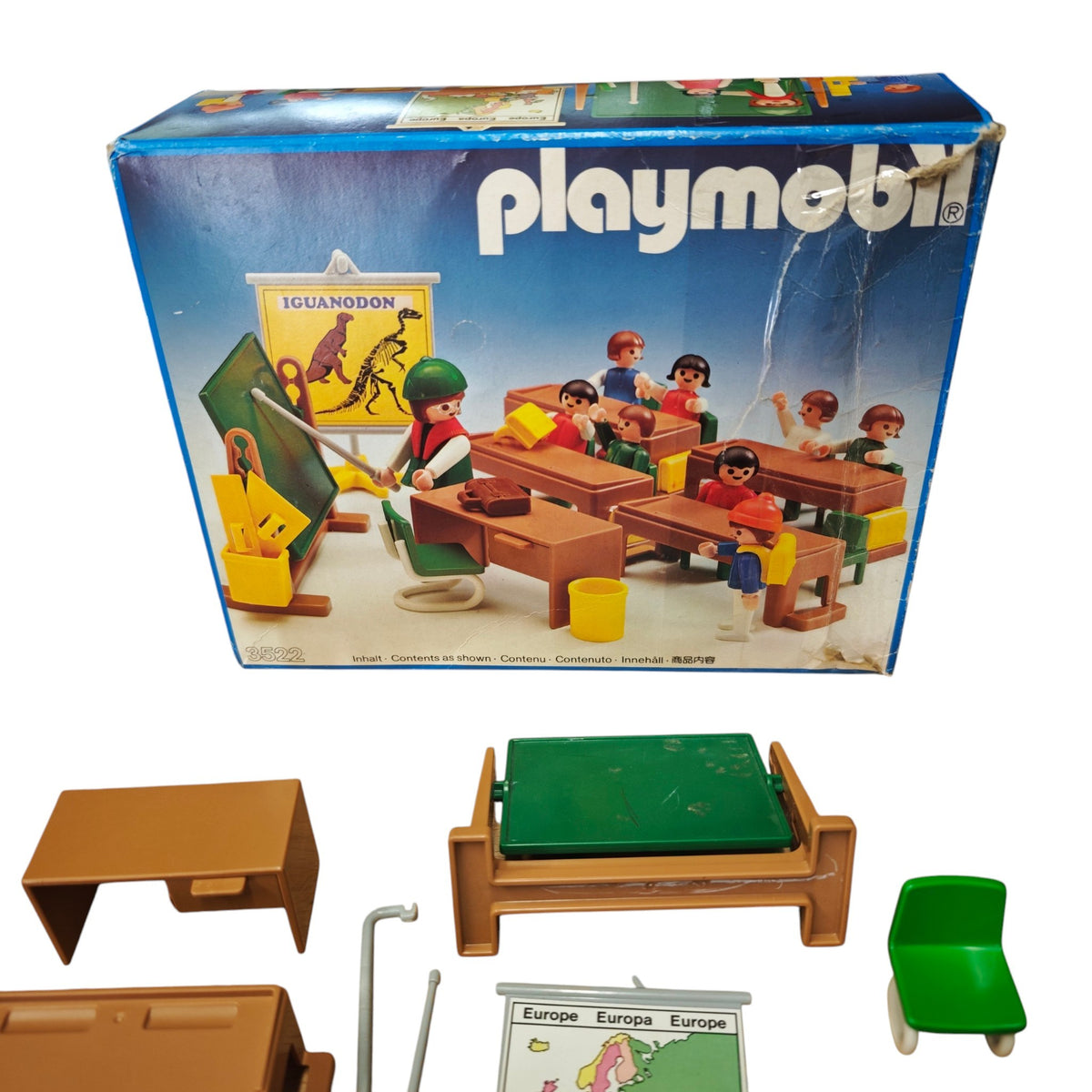 Vintage-Spielset Playmobil Klassenzimmer Set Nr. 3522  1980er-Jahren mit der Originalverpackung und verschiedenem Zubehör