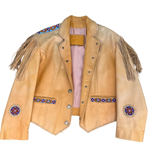 Lederjacke Western Cowboy Bestickt mit Perlen Indianer Loock Größe XL Damen